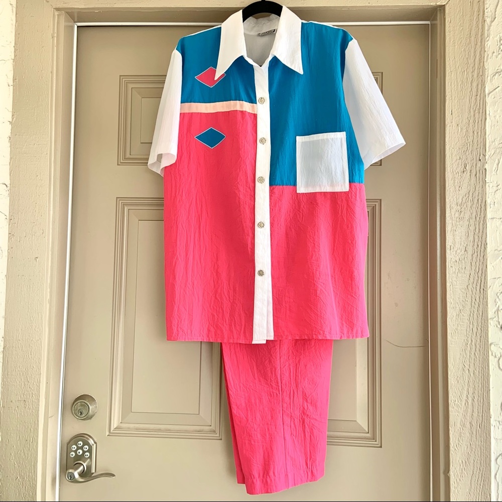 Vintage 80s Pink/Blue/White Colorblock Pantsuit